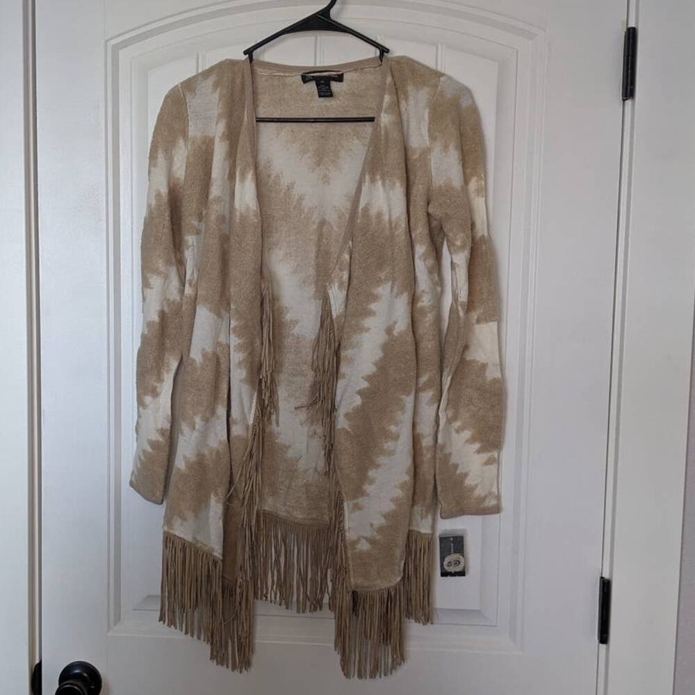 Inc International Concepts XS Womens Cardigan Open Front Fringe Cream Camel Boho